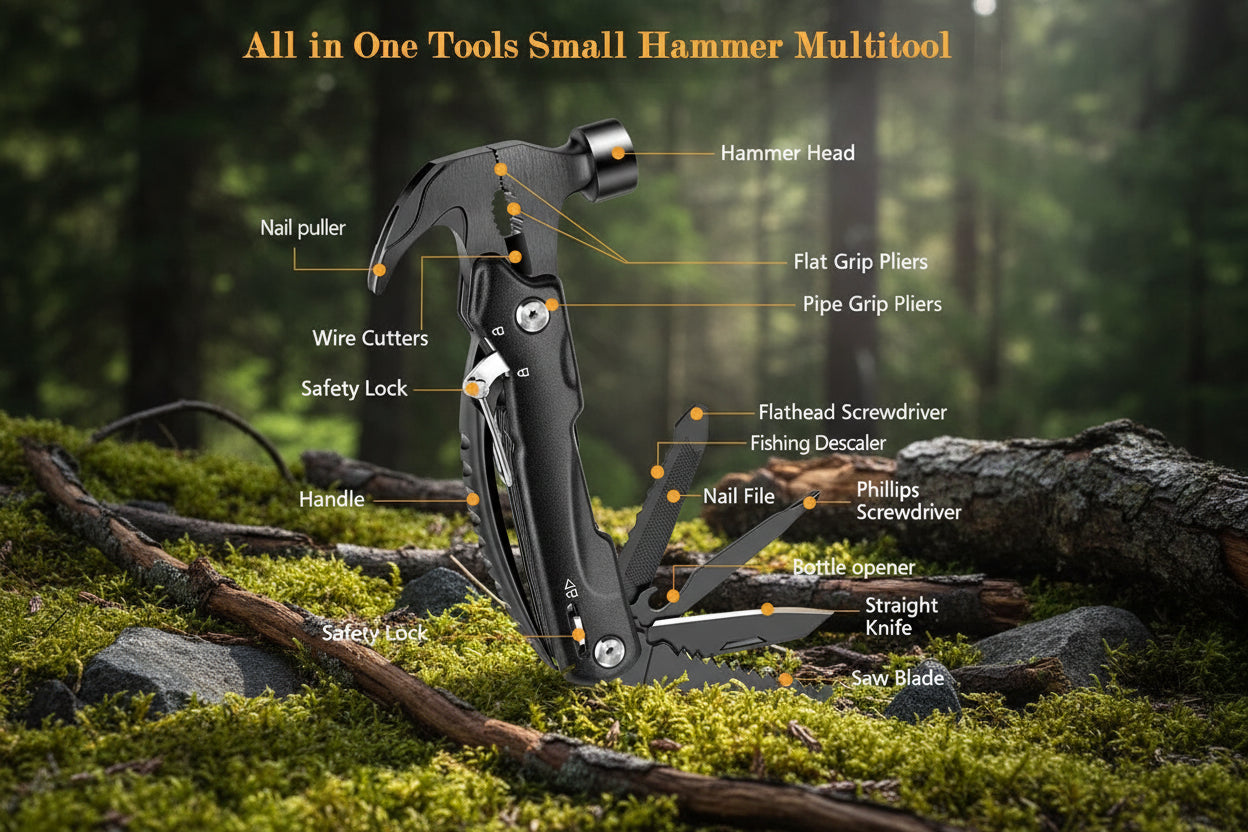 MARTILLO MULTIHERRAMIENTA 12 EN 1 PARA CAMPING, CAZA Y SENDERISMO | KIT DE SUPERVIVENCIA Y ESCAPE DE EMERGENCIA PARA EL COCHE