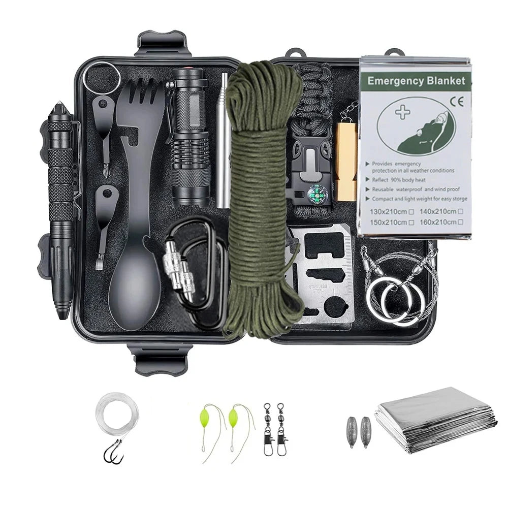 KIT DE SUPERVIVENCIA DE EMERGENCIA PROFESIONAL - EQUIPO TÁCTICO MULTIFUNCIÓN PARA CAMPING, PRIMEROS AUXILIOS SOS Y AVENTURA