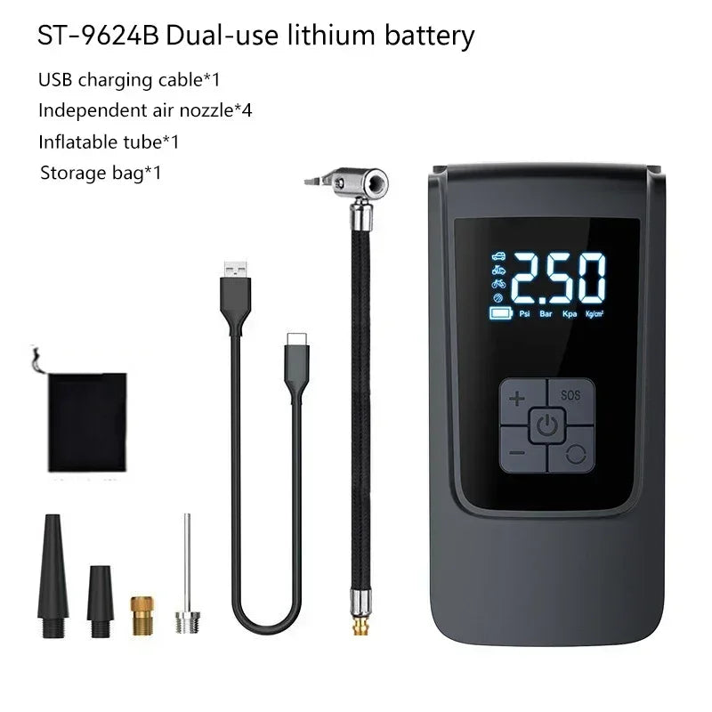 COMPRESOR DE AIRE PORTÁTIL INALÁMBRICO | INFLADOR DIGITAL LCD 150PSI | PARA COCHE MOTO BICI Y PELOTAS