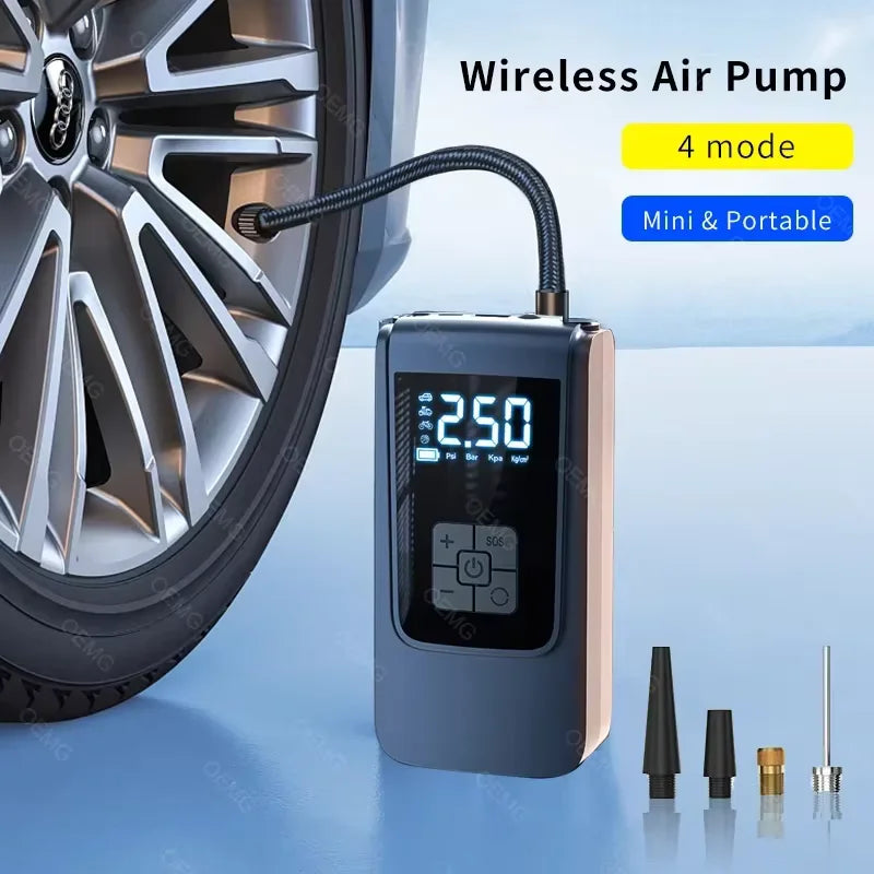 COMPRESOR DE AIRE PORTÁTIL INALÁMBRICO | INFLADOR DIGITAL LCD 150PSI | PARA COCHE MOTO BICI Y PELOTAS