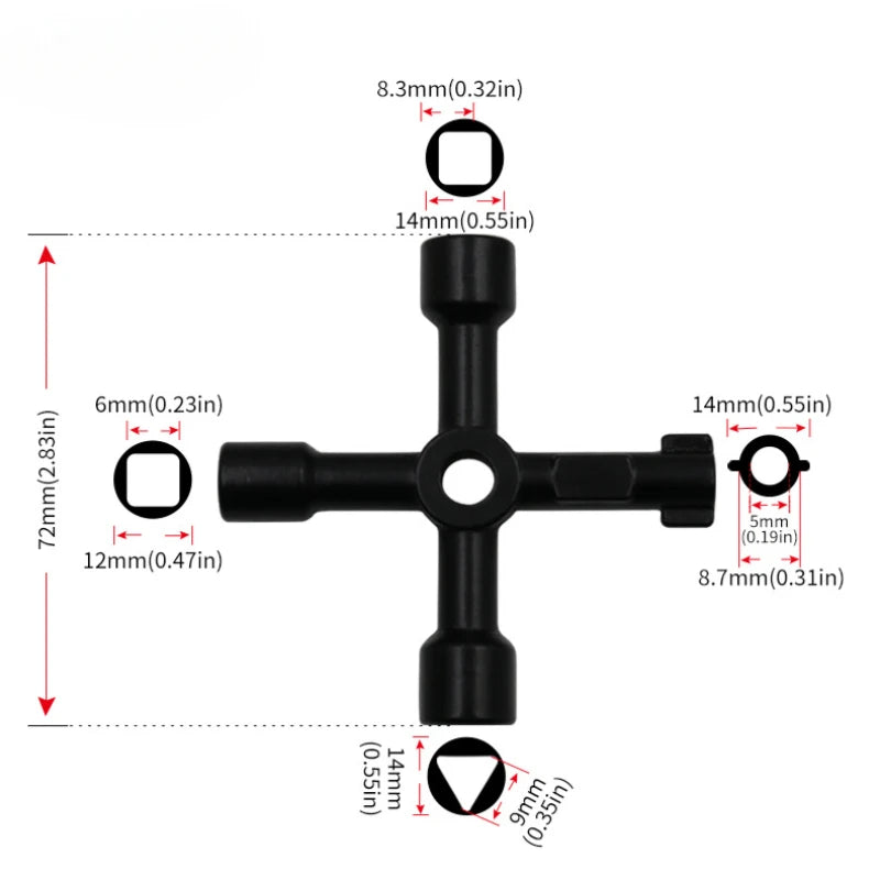 LLAVE CRUZADA MULTIFUNCIÓN 4 EN 1 PARA ELECTRICISTA Y FONTANERO - LLAVE UNIVERSAL CUADRADA Y TRIANGULAR PARA GAS, RADIADOR Y TREN