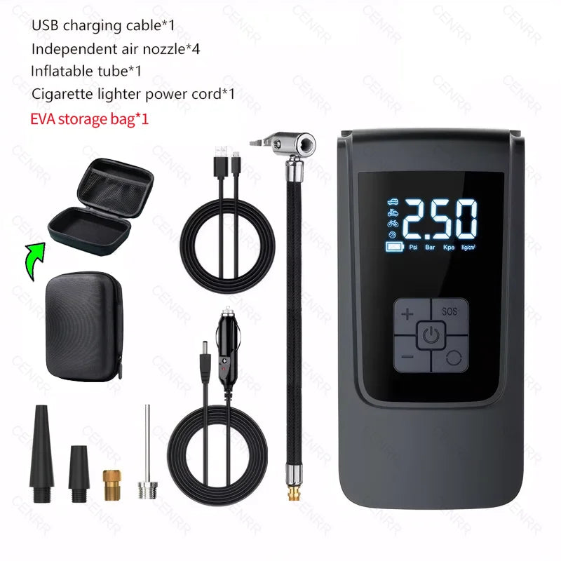 COMPRESOR DE AIRE PORTÁTIL INALÁMBRICO | INFLADOR DIGITAL LCD 150PSI | PARA COCHE MOTO BICI Y PELOTAS