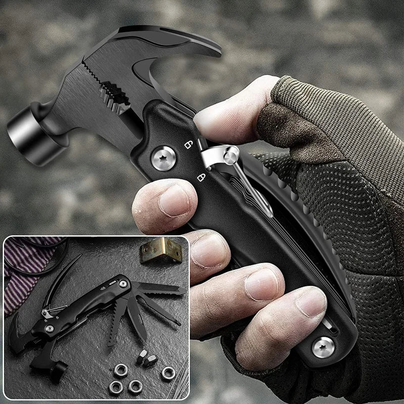 MARTILLO MULTIHERRAMIENTA 12 EN 1 PARA CAMPING, CAZA Y SENDERISMO | KIT DE SUPERVIVENCIA Y ESCAPE DE EMERGENCIA PARA EL COCHE