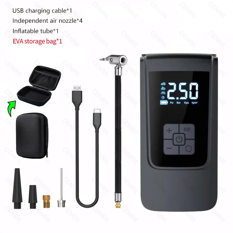 COMPRESOR DE AIRE PORTÁTIL INALÁMBRICO | INFLADOR DIGITAL LCD 150PSI | PARA COCHE MOTO BICI Y PELOTAS