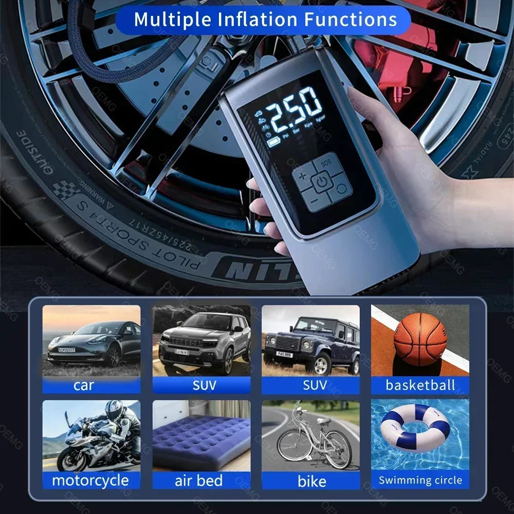 COMPRESOR DE AIRE PORTÁTIL INALÁMBRICO | INFLADOR DIGITAL LCD 150PSI | PARA COCHE MOTO BICI Y PELOTAS