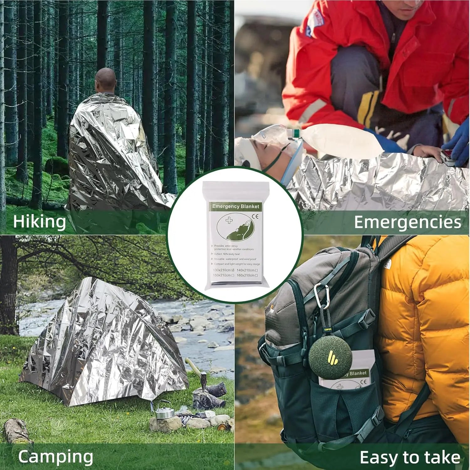 MANTA TÉRMICA DE SUPERVIVENCIA DE EMERGENCIA - IMPERMEABLE DORADA/PLATEADA PARA EXTERIOR 130X210CM