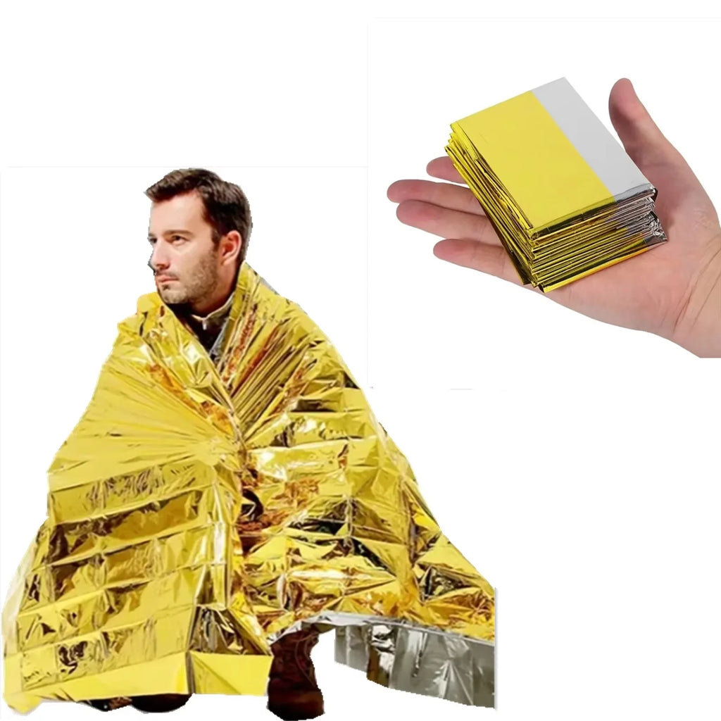 MANTA TÉRMICA DE SUPERVIVENCIA DE EMERGENCIA - IMPERMEABLE DORADA/PLATEADA PARA EXTERIOR 130X210CM