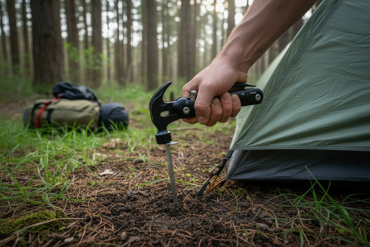 MARTILLO MULTIHERRAMIENTA 12 EN 1 PARA CAMPING, CAZA Y SENDERISMO | KIT DE SUPERVIVENCIA Y ESCAPE DE EMERGENCIA PARA EL COCHE