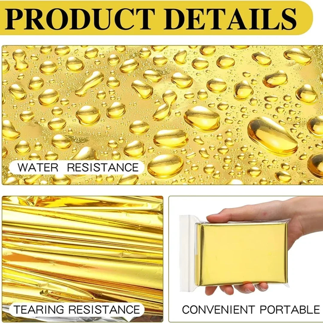 MANTA TÉRMICA DE SUPERVIVENCIA DE EMERGENCIA - IMPERMEABLE DORADA/PLATEADA PARA EXTERIOR 130X210CM