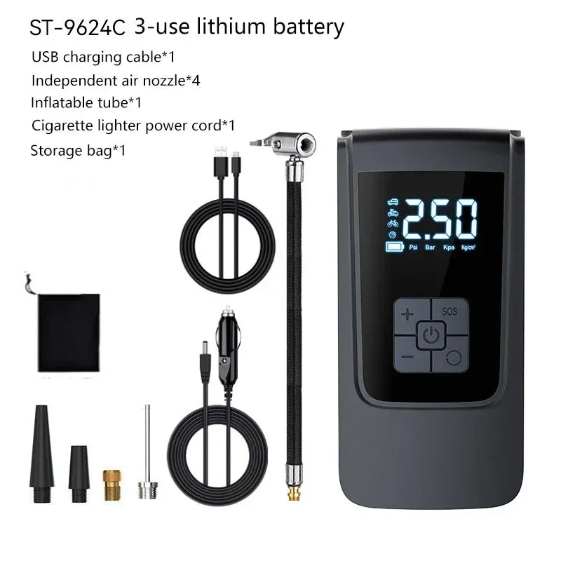 COMPRESOR DE AIRE PORTÁTIL INALÁMBRICO | INFLADOR DIGITAL LCD 150PSI | PARA COCHE MOTO BICI Y PELOTAS